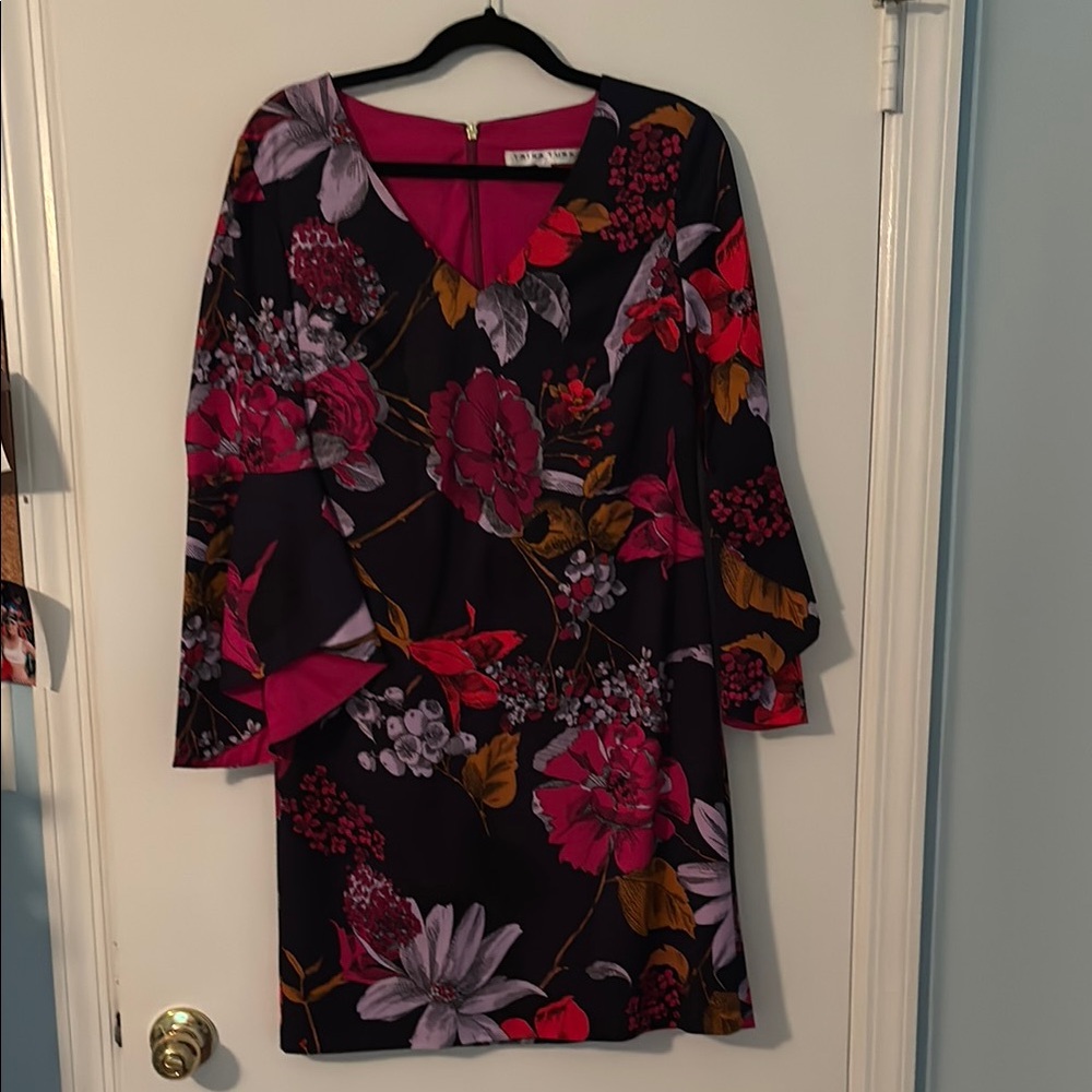 Trina Turk Red and Pink Sheath Dress with Bell Sleeves